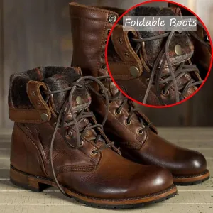 Men'S Vintage Leather Lace Up Mid-Calf Combat Boots,Fashion Round Toe Waterproof Roman Chukka Short Boots,Casual Foldable Motocycle High-Top Ankle Boots