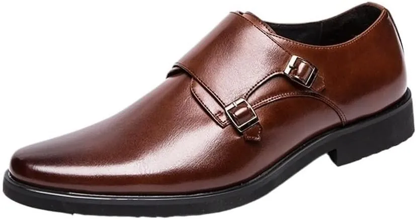 Mens Vintage Pointed Toe Loafers Double Buckle Brogue Slip On Formal Business Casual Office Wedding Dress Shoes