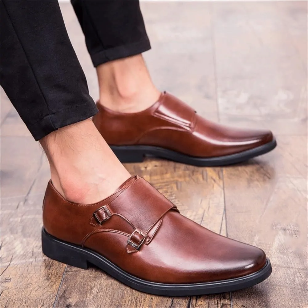 Mens Vintage Pointed Toe Loafers Double Buckle Brogue Slip On Formal Business Casual Office Wedding Dress Shoes