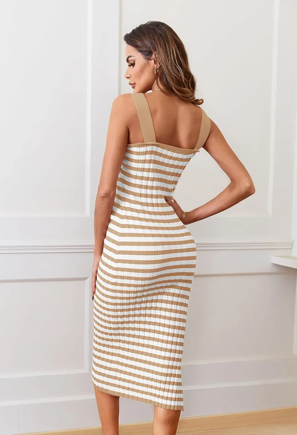 MEROKEETY Women's 2025 Summer Spring Bodycon Midi Dress Vacation Sleeveless Ribbed Knit Striped Party Sweater Dresses