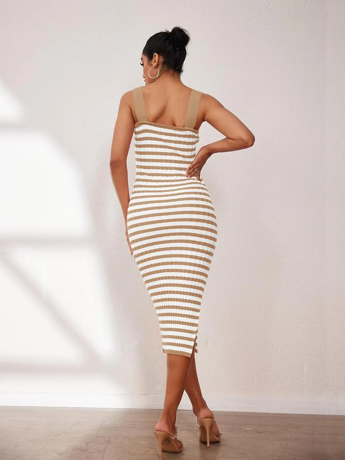 MEROKEETY Women's 2025 Summer Spring Bodycon Midi Dress Vacation Sleeveless Ribbed Knit Striped Party Sweater Dresses