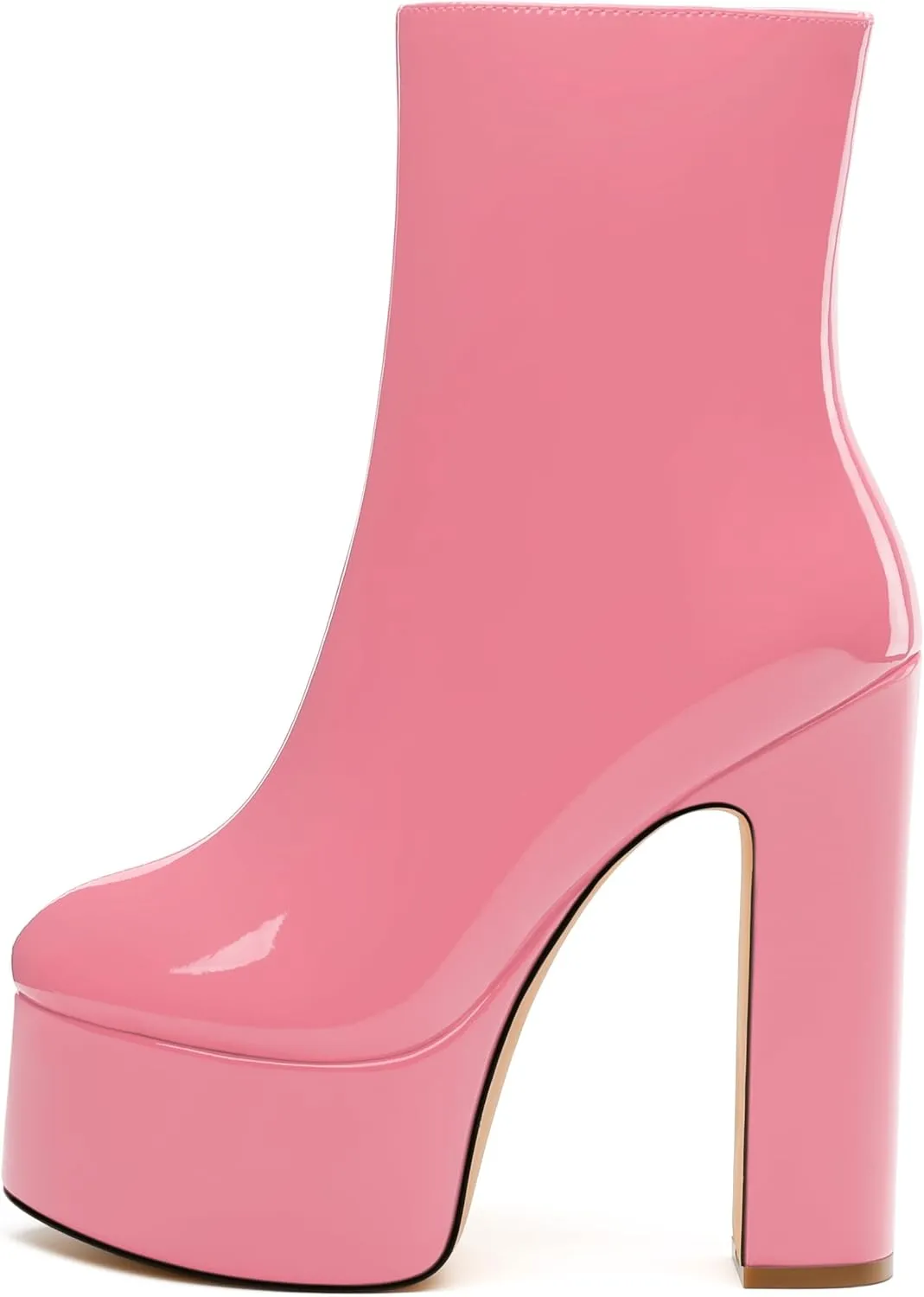 MERRORI Platform Ankle Boots for Women Gogo Boots with Round Toe High Chunky Block Heels Side Zipper Patent Fashion Short Booties