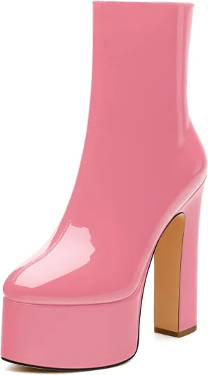 MERRORI Platform Ankle Boots for Women Gogo Boots with Round Toe High Chunky Block Heels Side Zipper Patent Fashion Short Booties