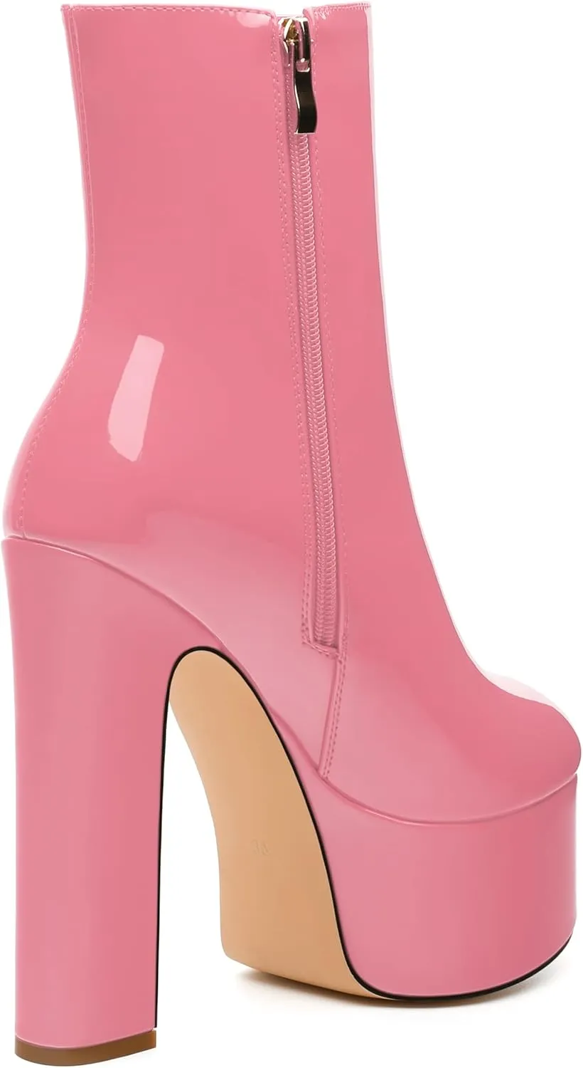 MERRORI Platform Ankle Boots for Women Gogo Boots with Round Toe High Chunky Block Heels Side Zipper Patent Fashion Short Booties