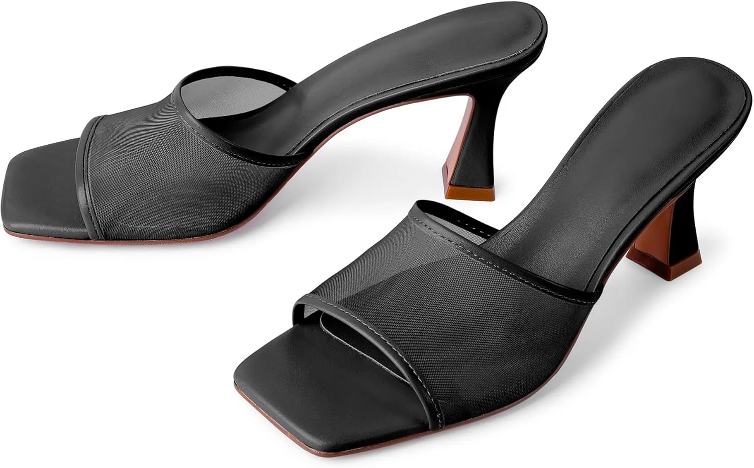 Mesh Mule Heels for Women Kitten Heel Sandals Open Square Toe Heeled Sandals Slip On Mules
