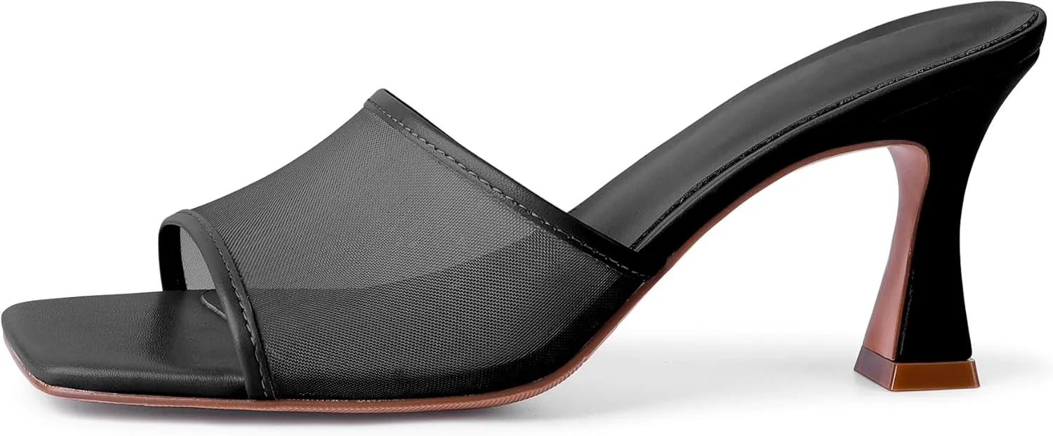 Mesh Mule Heels for Women Kitten Heel Sandals Open Square Toe Heeled Sandals Slip On Mules