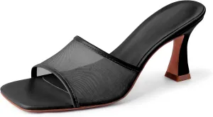 Mesh Mule Heels for Women Kitten Heel Sandals Open Square Toe Heeled Sandals Slip On Mules