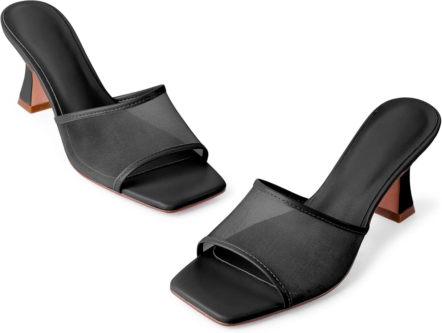 Mesh Mule Heels for Women Kitten Heel Sandals Open Square Toe Heeled Sandals Slip On Mules