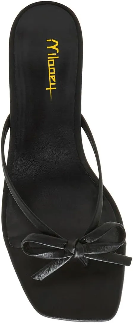 Milooey shoes Women's Chic Square Toe BowKnot Flip Flop Sandals Kitten Low Heel Mules Slip On Casual Summer Beach Slide Shoes Size 4-16 US