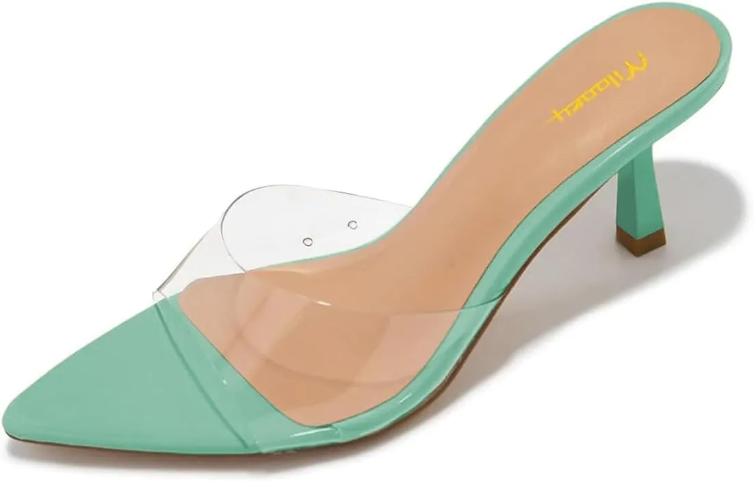 Milooey shoes Women's Comfy Kitten Heel Mules Open Pointed Toe Slide Sandals Cute Backless Slippers Slip On Dress Party Wedding Shoe Size 4-16 US