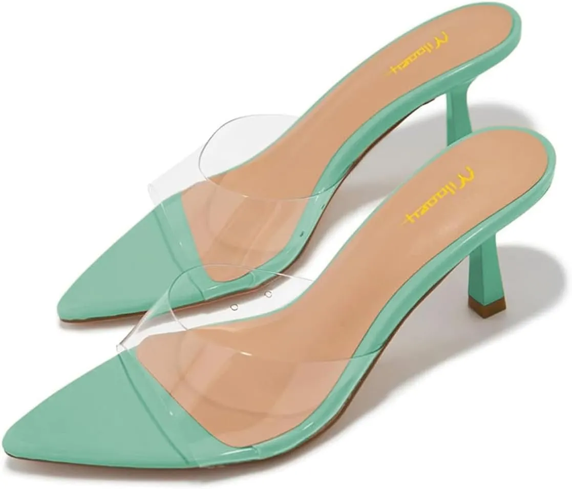 Milooey shoes Women's Comfy Kitten Heel Mules Open Pointed Toe Slide Sandals Cute Backless Slippers Slip On Dress Party Wedding Shoe Size 4-16 US