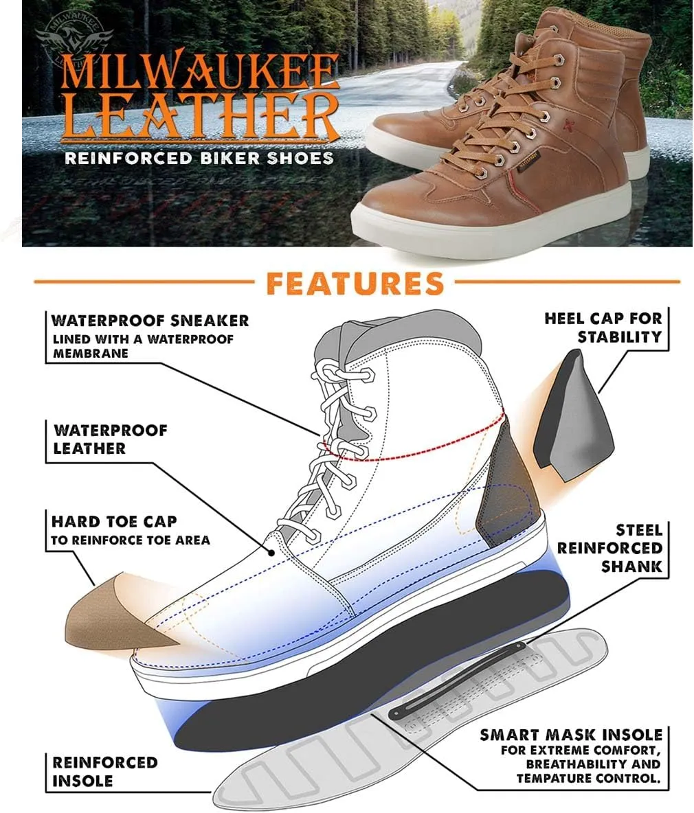 Milwaukee Leather MBM9154 Men's Cognac Leather High-Top Reinforced Street Riding Waterproof Shoes w/Ankle Support - 8