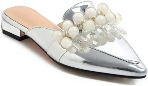 MIOKE Women's Pointed Toe Crystal Mules Flat Slip On Backless Loafer Comfort Low Heel Dress Slipper Shoes