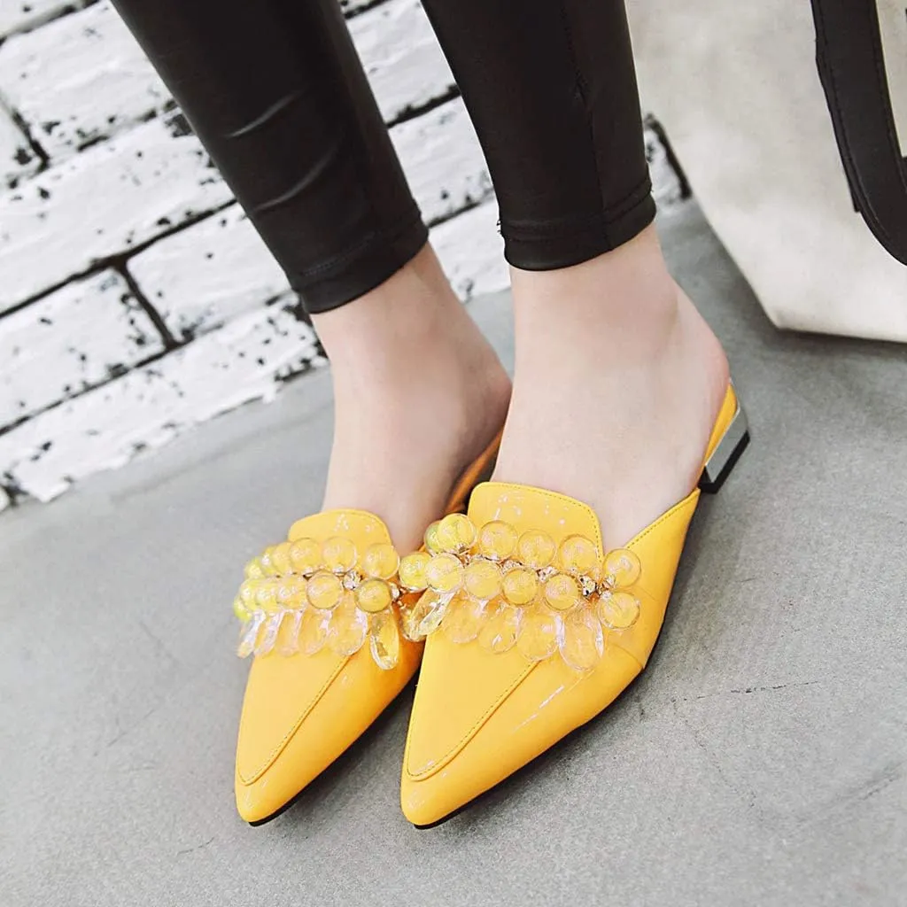 MIOKE Women's Pointed Toe Crystal Mules Flat Slip On Backless Loafer Comfort Low Heel Dress Slipper Shoes