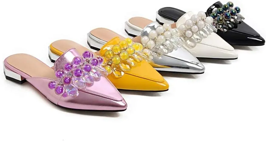 MIOKE Women's Pointed Toe Crystal Mules Flat Slip On Backless Loafer Comfort Low Heel Dress Slipper Shoes