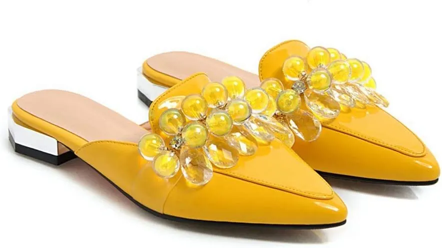 MIOKE Women's Pointed Toe Crystal Mules Flat Slip On Backless Loafer Comfort Low Heel Dress Slipper Shoes