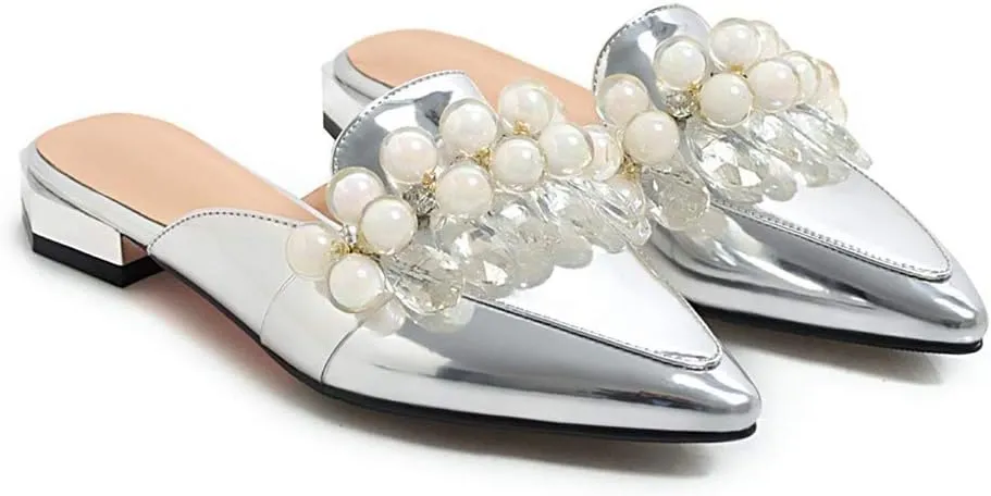 MIOKE Women's Pointed Toe Crystal Mules Flat Slip On Backless Loafer Comfort Low Heel Dress Slipper Shoes