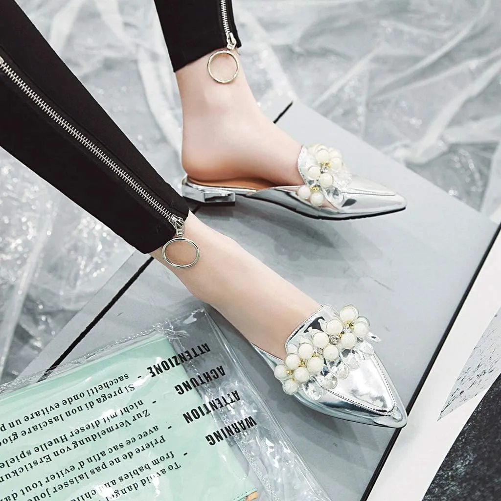 MIOKE Women's Pointed Toe Crystal Mules Flat Slip On Backless Loafer Comfort Low Heel Dress Slipper Shoes
