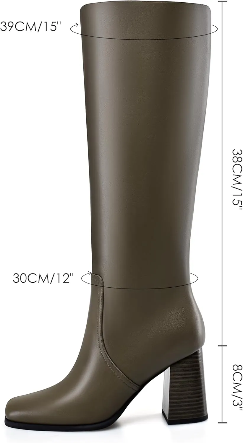 MIRAAZZURRA Knee High Boots Women Chunky Heel Square Toe Tall Boots Side Zipper Fall Winter Long Boots for Daily Party Dress Work