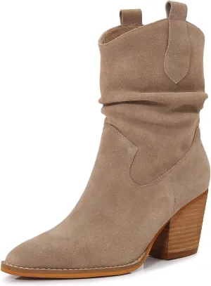mm Women's Modern Western Short Cowboy Leather Boot with Pull-Up Tabs, Slip On Pointed Toe Chunky Wooden Mid Heel Cowgirl Boots for Girls Ladies Fall, Black Khaki
