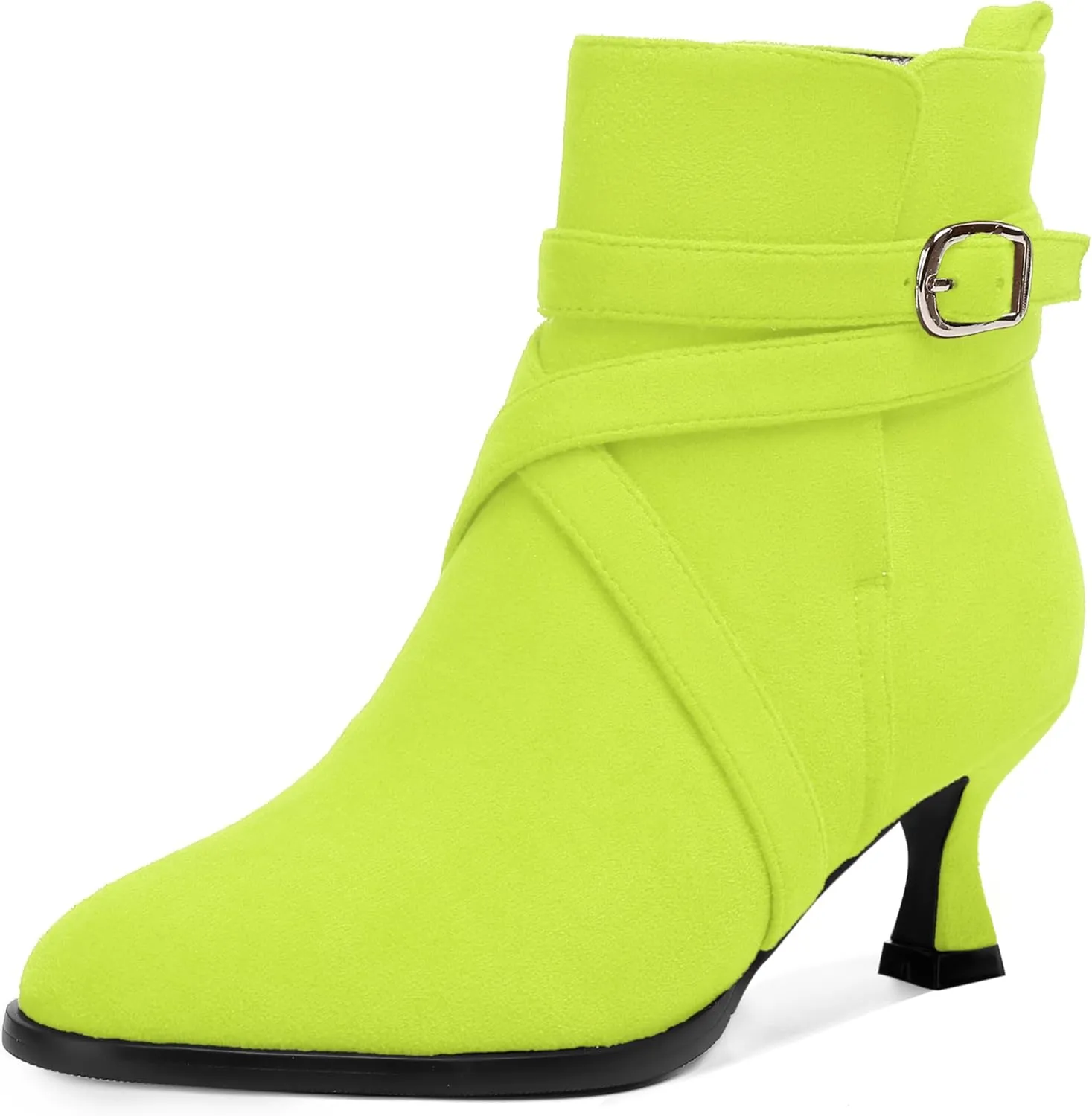 MODENCOCO Womens Dress Suede Round Toe Dating Ankle Strap Buckle Fashion Kitten Low Heel Ankle High Boots 2 Inch