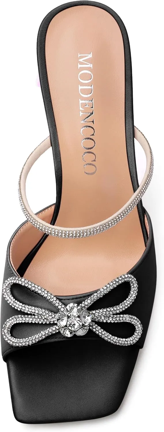 MODENCOCO Women's Heeled Sandals Square Open Toe Double Rhinestones Bow Heels Slip on Satin Mules Stilettos Wedding Party Dress 3.5 Inch