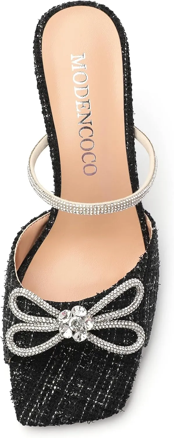 MODENCOCO Women's Heeled Sandals Square Open Toe Double Rhinestones Bow Heels Slip on Satin Mules Stilettos Wedding Party Dress 3.5 Inch