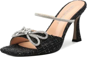 MODENCOCO Women's Heeled Sandals Square Open Toe Double Rhinestones Bow Heels Slip on Satin Mules Stilettos Wedding Party Dress 3.5 Inch