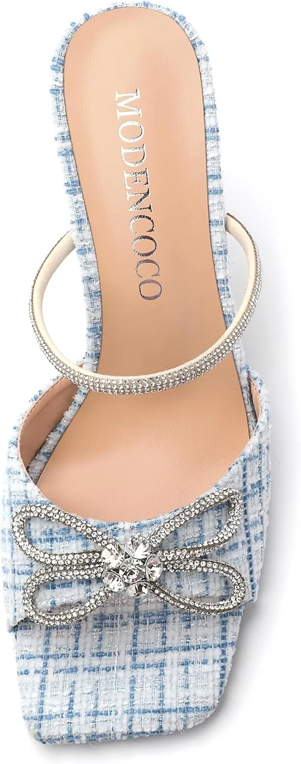 MODENCOCO Women's Heeled Sandals Square Open Toe Double Rhinestones Bow Heels Slip on Satin Mules Stilettos Wedding Party Dress 3.5 Inch