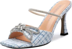 MODENCOCO Women's Heeled Sandals Square Open Toe Double Rhinestones Bow Heels Slip on Satin Mules Stilettos Wedding Party Dress 3.5 Inch