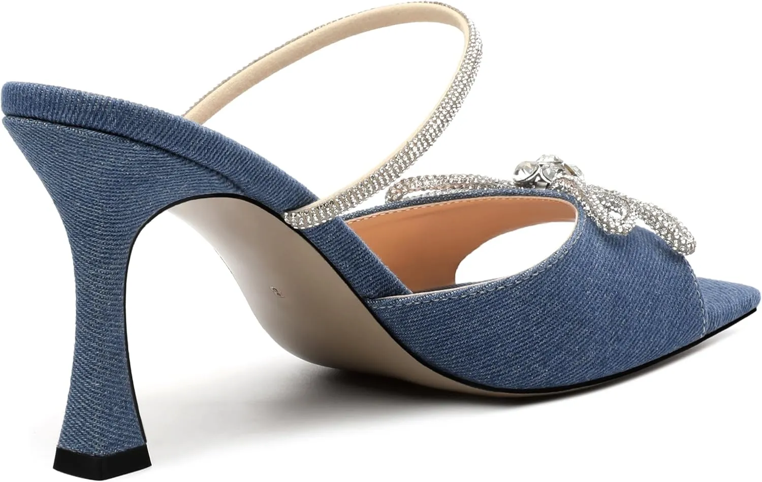 MODENCOCO Women's Heeled Sandals Square Open Toe Double Rhinestones Bow Heels Slip on Satin Mules Stilettos Wedding Party Dress 3.5 Inch