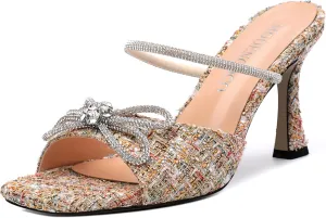 MODENCOCO Women's Heeled Sandals Square Open Toe Double Rhinestones Bow Heels Slip on Satin Mules Stilettos Wedding Party Dress 3.5 Inch