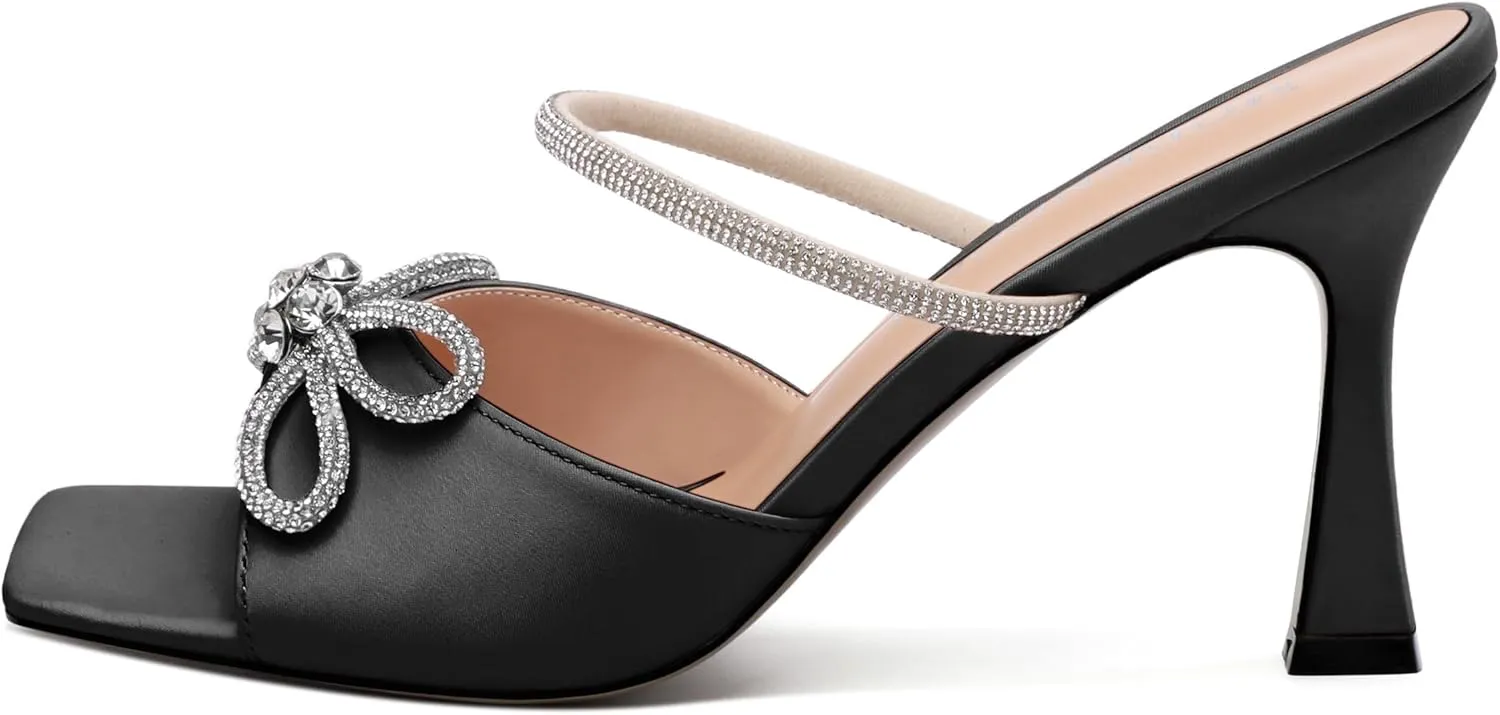 MODENCOCO Women's Heeled Sandals Square Open Toe Double Rhinestones Bow Heels Slip on Satin Mules Stilettos Wedding Party Dress 3.5 Inch