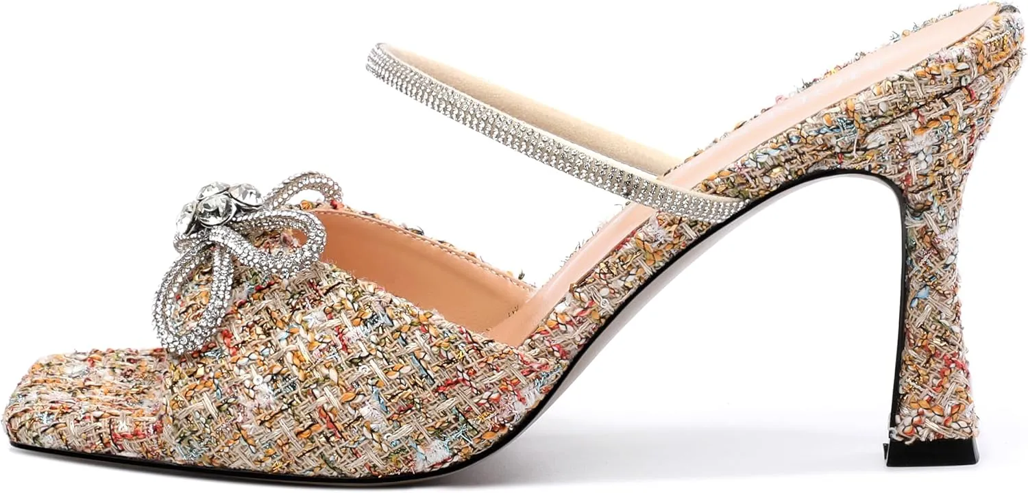 MODENCOCO Women's Heeled Sandals Square Open Toe Double Rhinestones Bow Heels Slip on Satin Mules Stilettos Wedding Party Dress 3.5 Inch