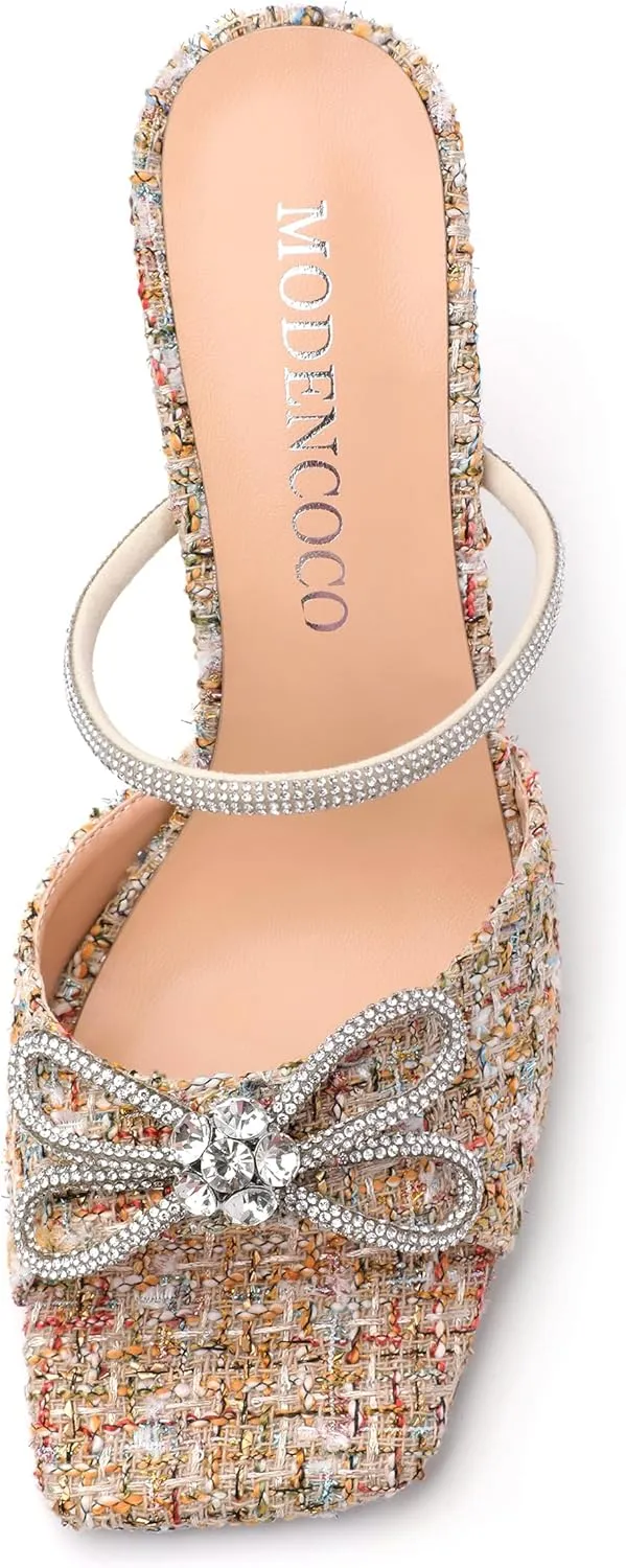 MODENCOCO Women's Heeled Sandals Square Open Toe Double Rhinestones Bow Heels Slip on Satin Mules Stilettos Wedding Party Dress 3.5 Inch