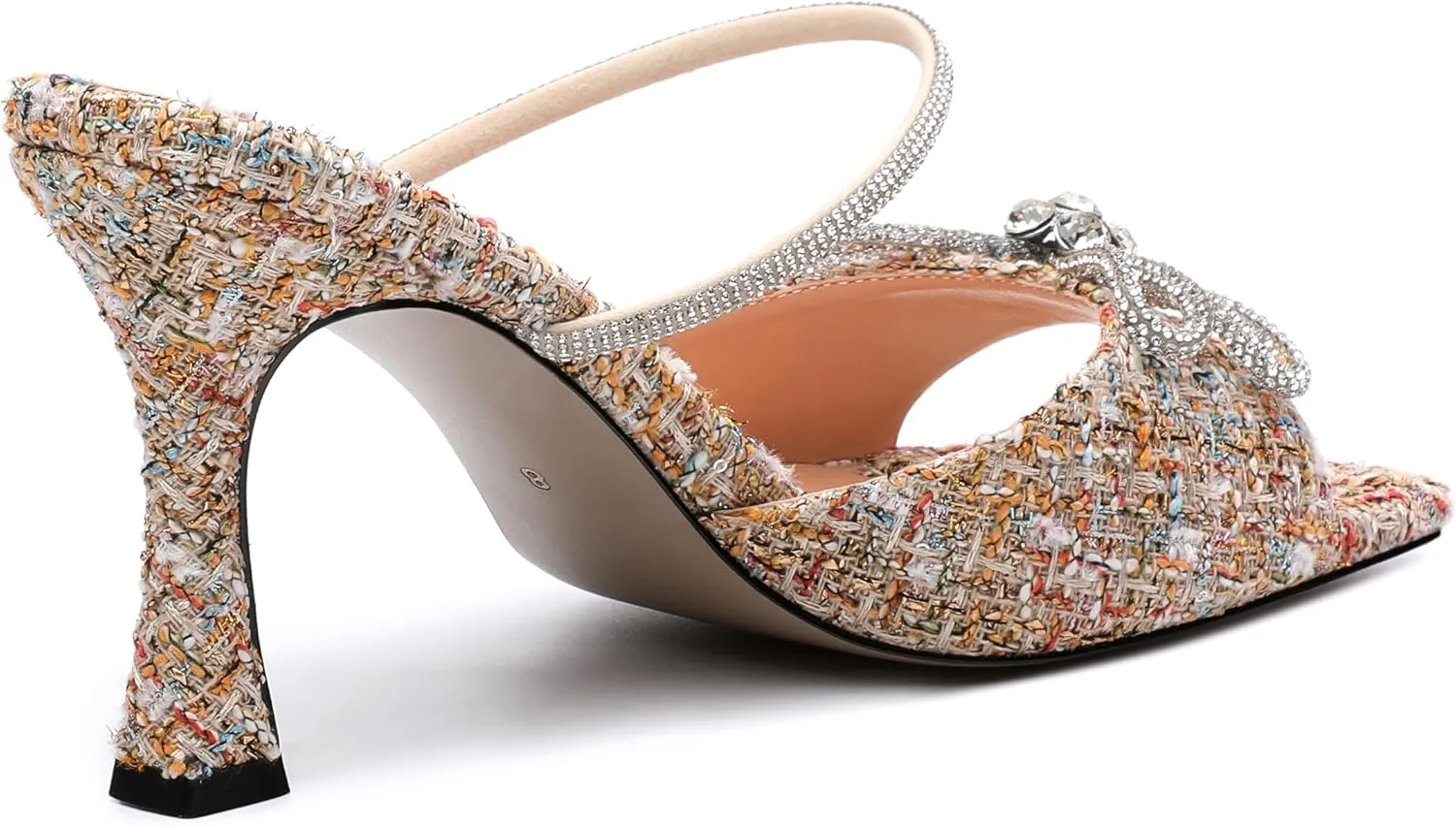 MODENCOCO Women's Heeled Sandals Square Open Toe Double Rhinestones Bow Heels Slip on Satin Mules Stilettos Wedding Party Dress 3.5 Inch