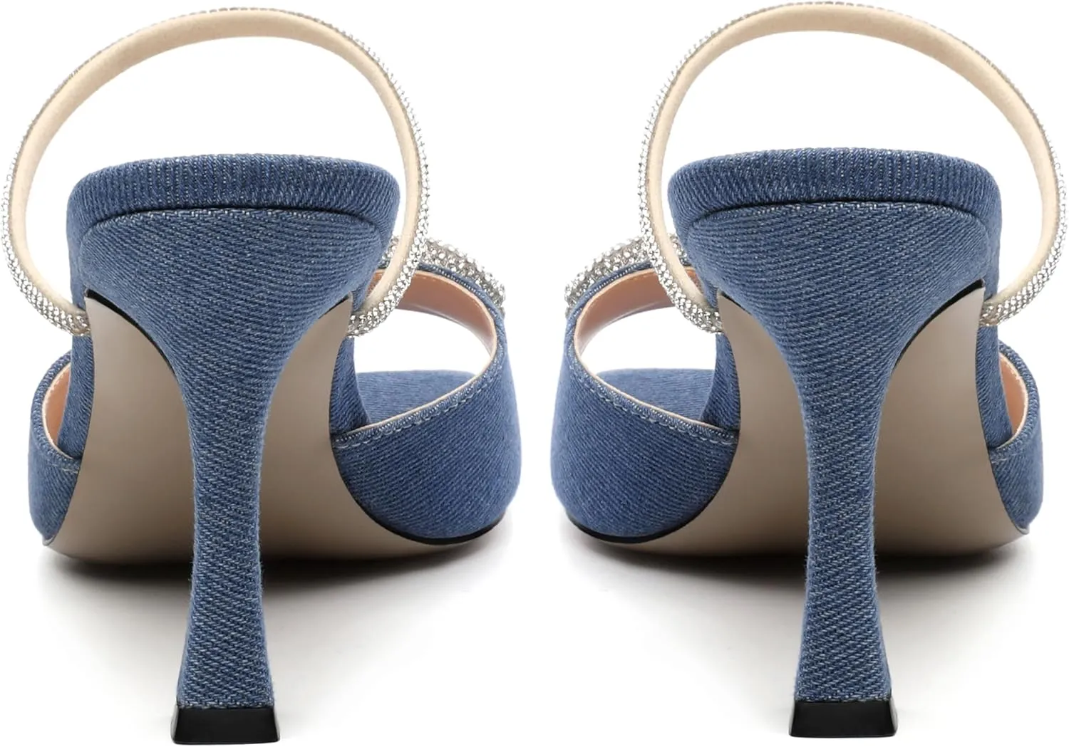 MODENCOCO Women's Heeled Sandals Square Open Toe Double Rhinestones Bow Heels Slip on Satin Mules Stilettos Wedding Party Dress 3.5 Inch
