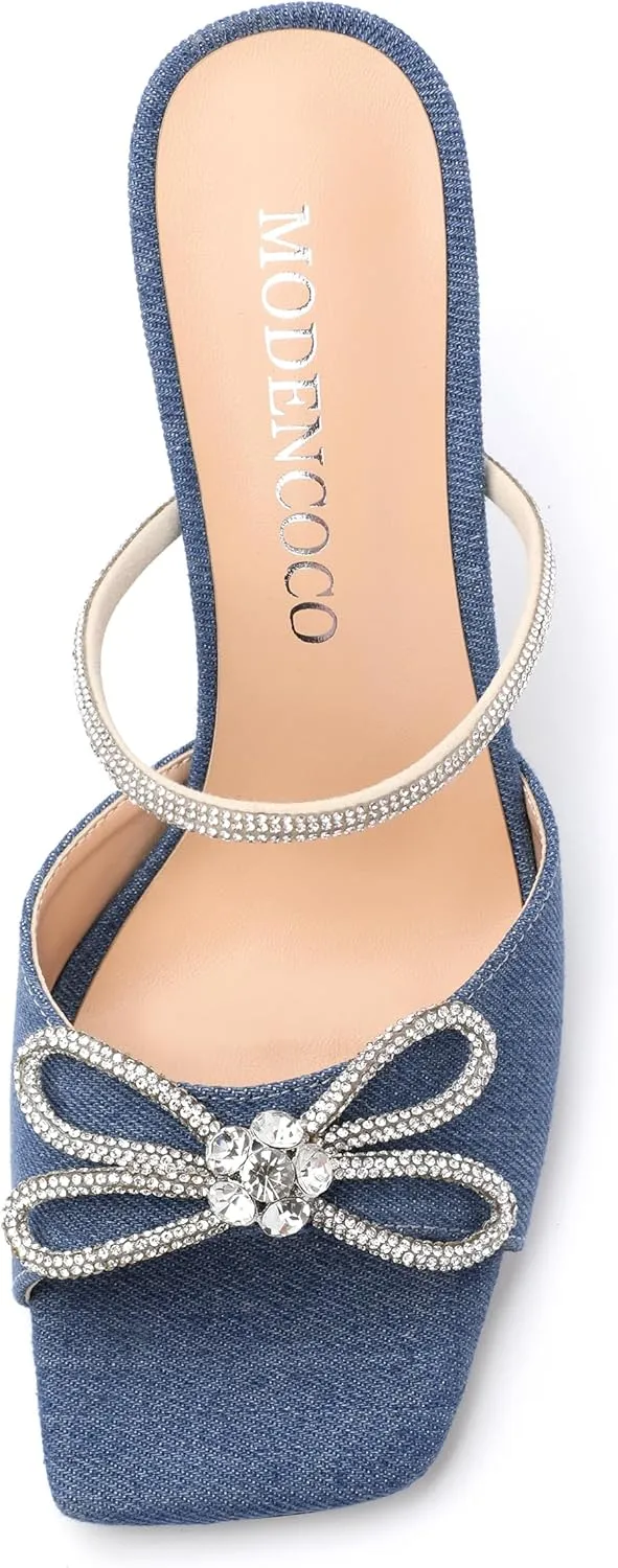 MODENCOCO Women's Heeled Sandals Square Open Toe Double Rhinestones Bow Heels Slip on Satin Mules Stilettos Wedding Party Dress 3.5 Inch