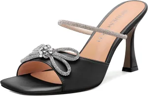 MODENCOCO Women's Heeled Sandals Square Open Toe Double Rhinestones Bow Heels Slip on Satin Mules Stilettos Wedding Party Dress 3.5 Inch
