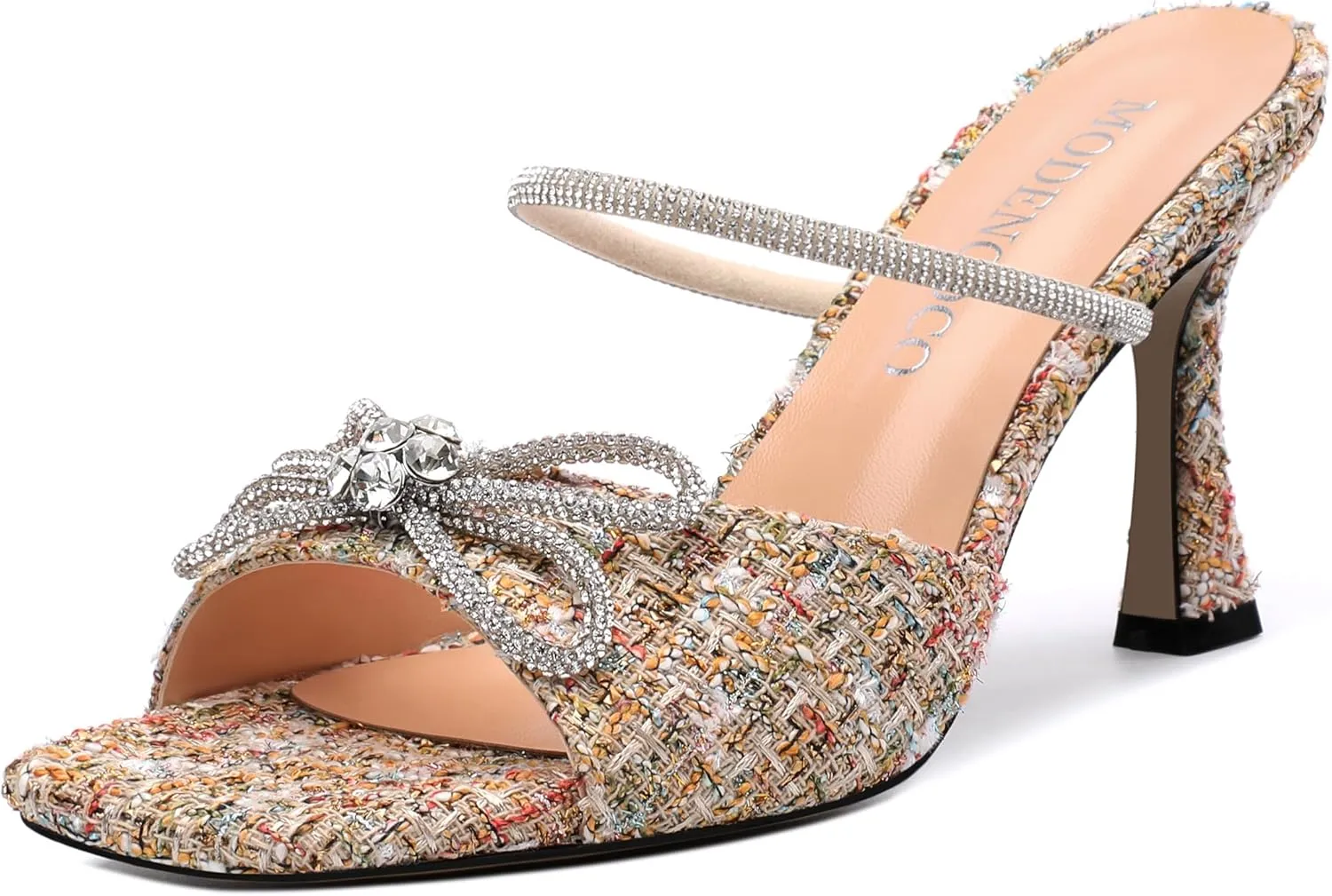 MODENCOCO Women's Heeled Sandals Square Open Toe Double Rhinestones Bow Heels Slip on Satin Mules Stilettos Wedding Party Dress 3.5 Inch