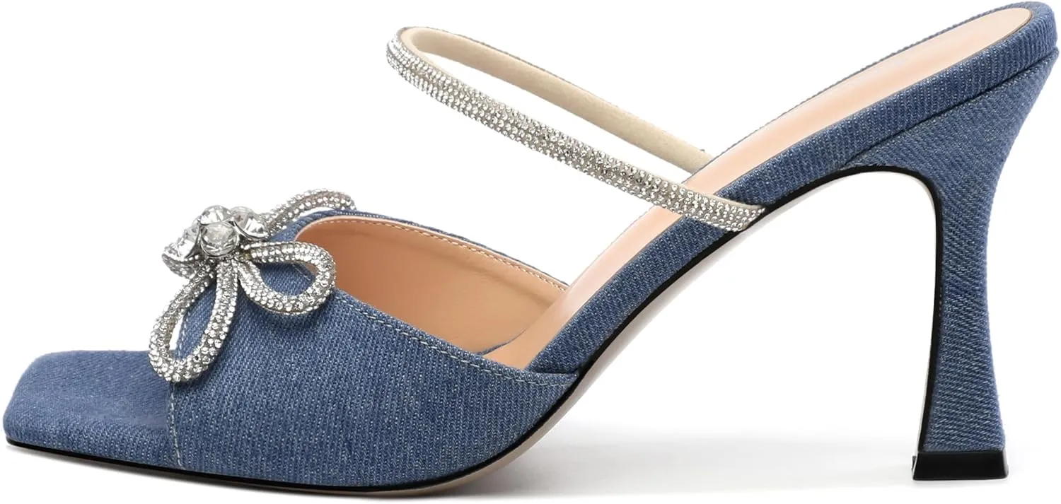 MODENCOCO Women's Heeled Sandals Square Open Toe Double Rhinestones Bow Heels Slip on Satin Mules Stilettos Wedding Party Dress 3.5 Inch