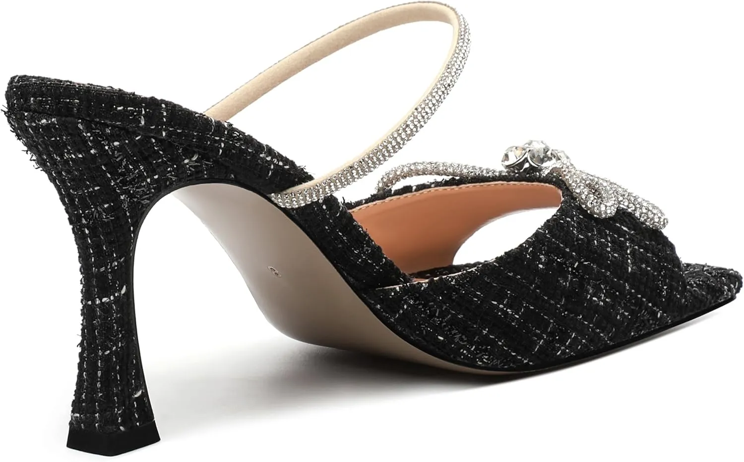MODENCOCO Women's Heeled Sandals Square Open Toe Double Rhinestones Bow Heels Slip on Satin Mules Stilettos Wedding Party Dress 3.5 Inch