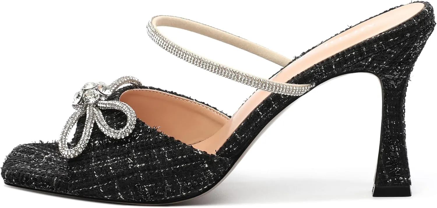 MODENCOCO Women's Heeled Sandals Square Open Toe Double Rhinestones Bow Heels Slip on Satin Mules Stilettos Wedding Party Dress 3.5 Inch