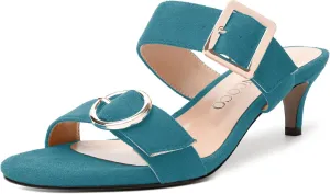 MODENCOCO Womens Kitten Heel Sandals Slip on Mules Low Heels Open Square Toe Suede Two Strap Summer Wedding Party Dressy Shoes