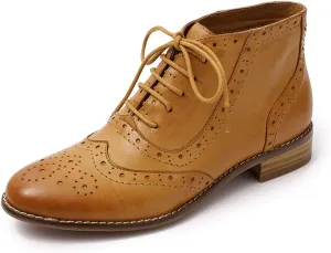 Mona flying Women's Leather Lace-up Wingtip Oxfords Brogue Boots Ankle High Vintage Tie up Booties Ladies Low Heel Short Boots