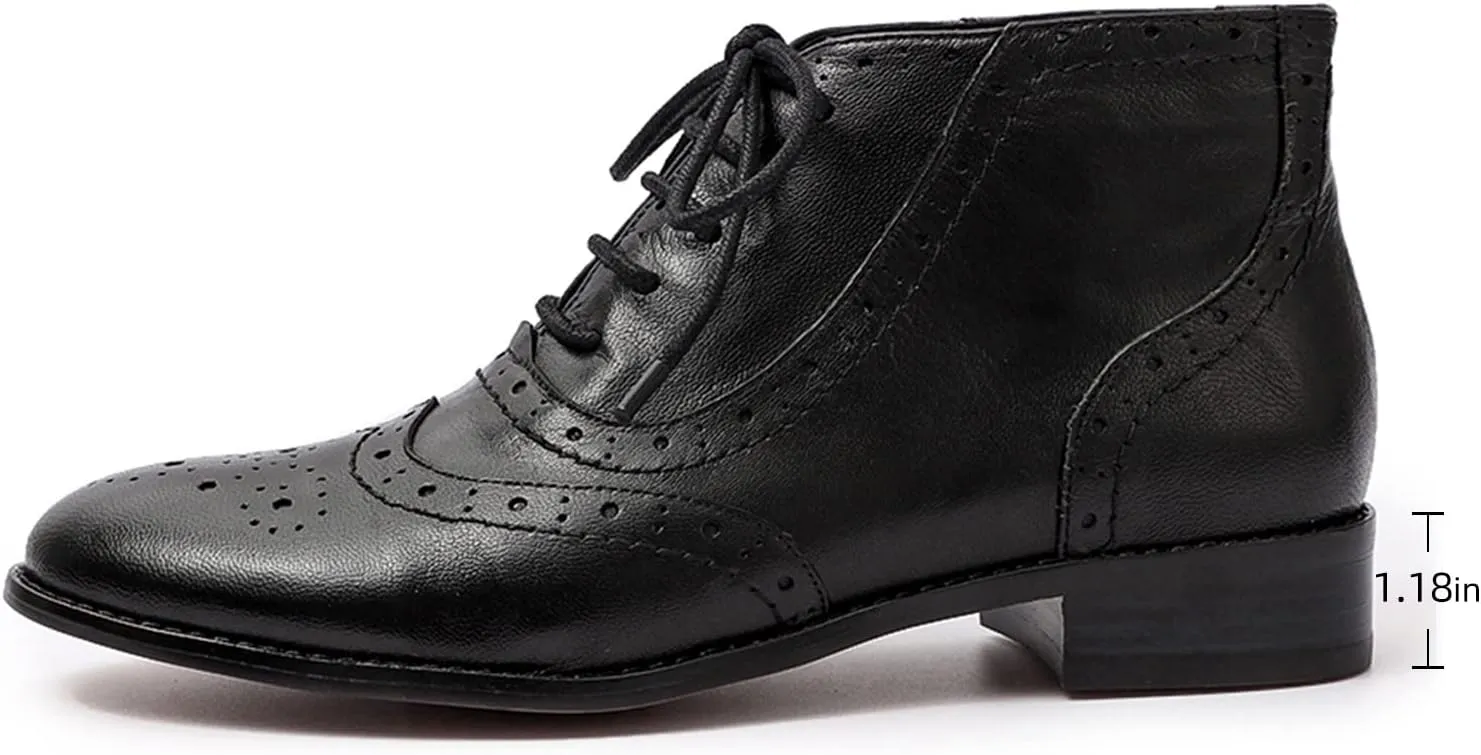 Mona flying Women's Leather Lace-up Wingtip Oxfords Brogue Boots Ankle High Vintage Tie up Booties Ladies Low Heel Short Boots