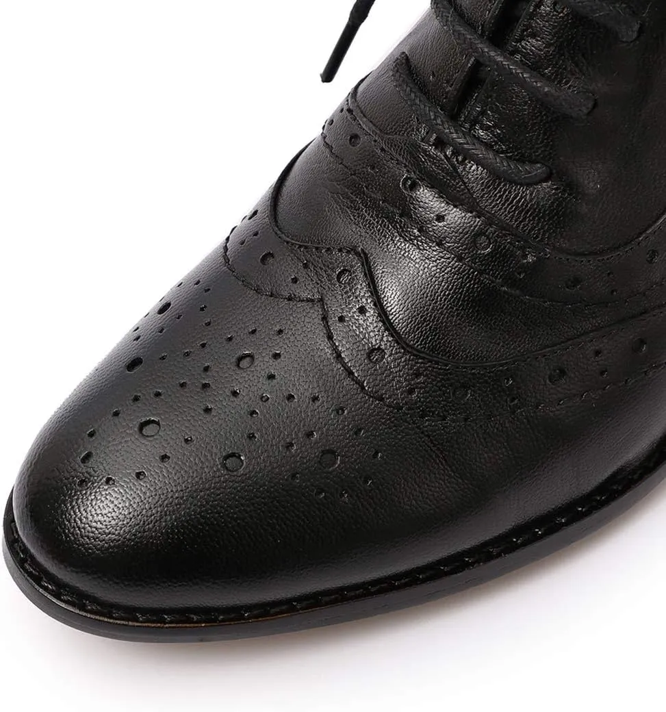 Mona flying Women's Leather Lace-up Wingtip Oxfords Brogue Boots Ankle High Vintage Tie up Booties Ladies Low Heel Short Boots