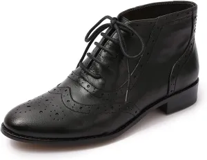 Mona flying Women's Leather Lace-up Wingtip Oxfords Brogue Boots Ankle High Vintage Tie up Booties Ladies Low Heel Short Boots