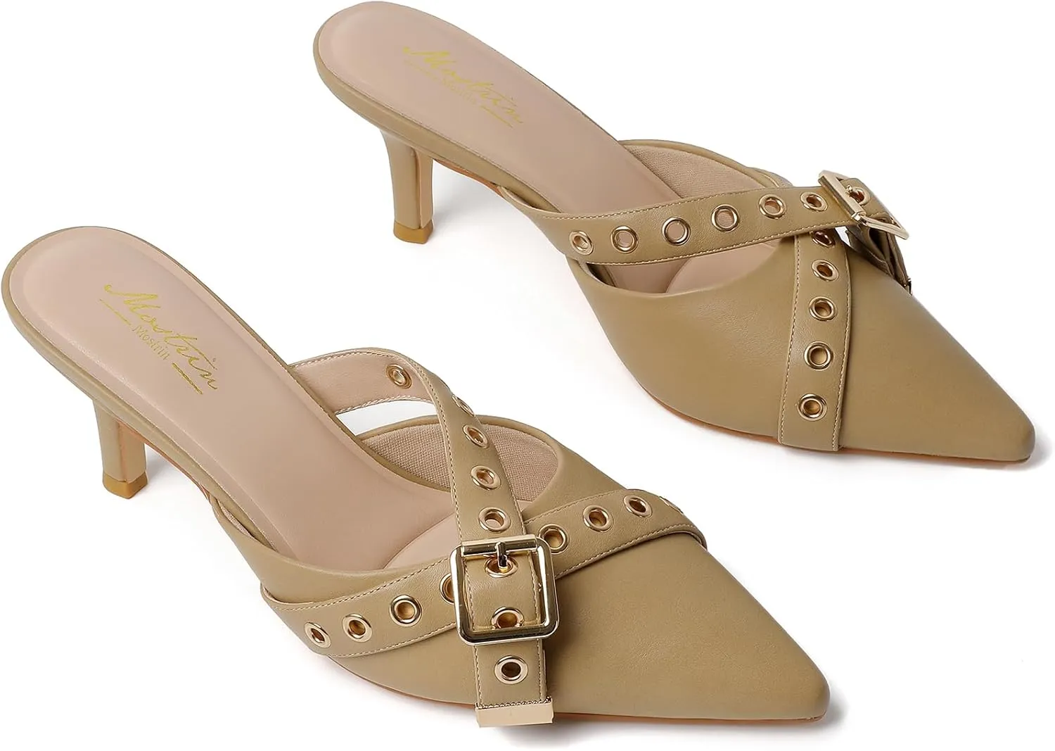 Mostrin Kitten Mules Heels for Women Pointed Closed Toe Heels Vintage Slip on Stiletto Dressy Pumps Shoes