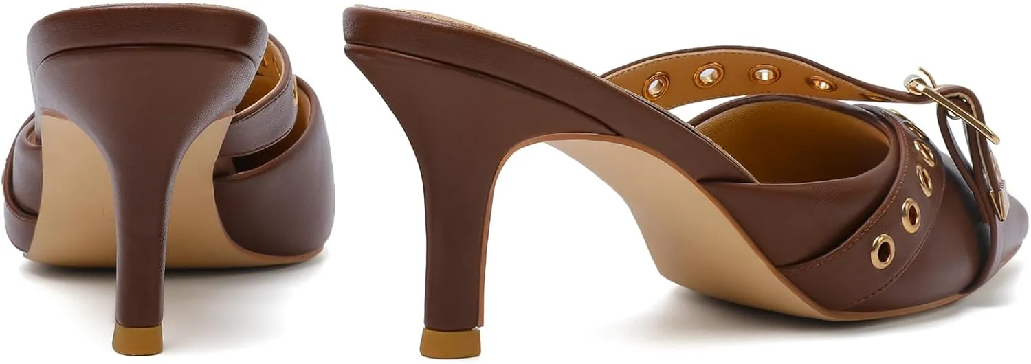 Mostrin Kitten Mules Heels for Women Pointed Closed Toe Heels Vintage Slip on Stiletto Dressy Pumps Shoes